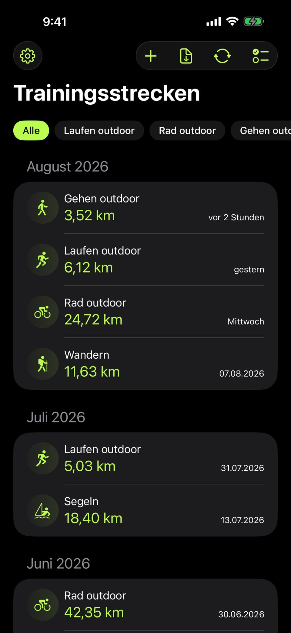 Liste der gespeicherten Trainingsrouten