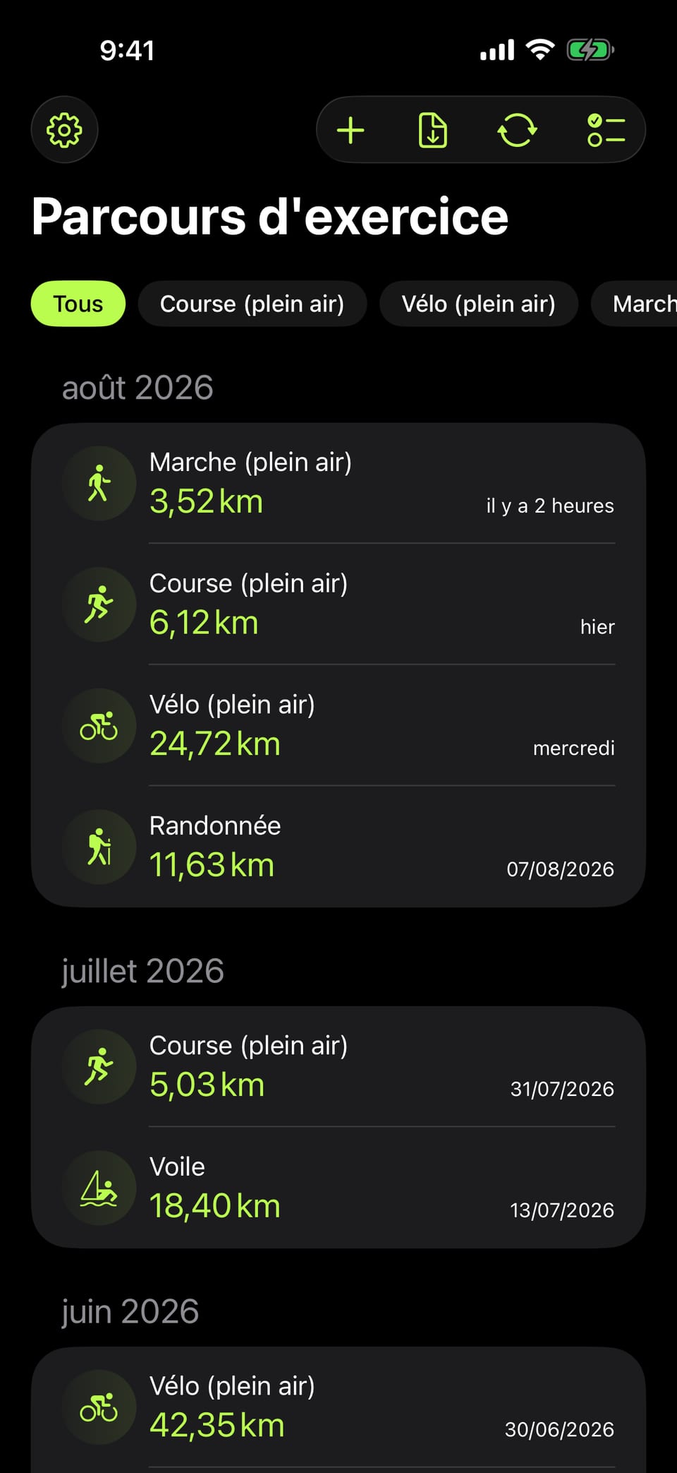 Liste des parcours d'exercice enregistrés
