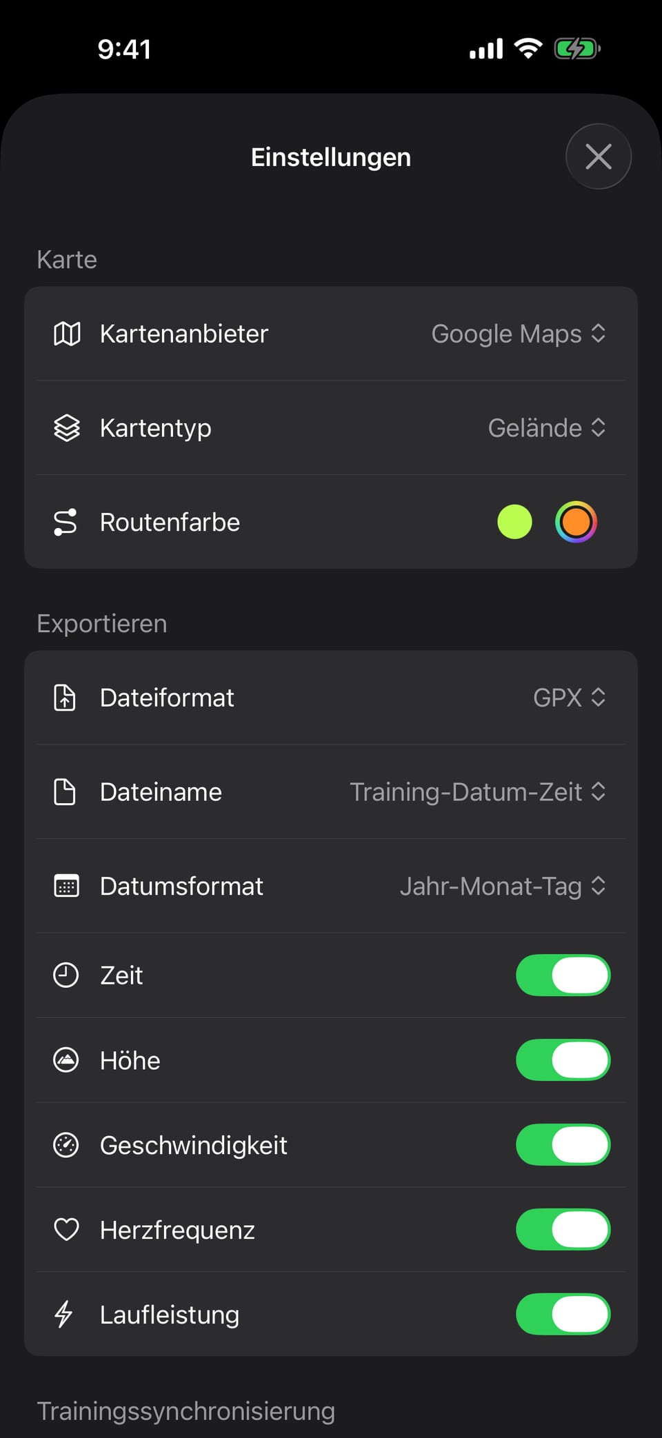 Einstellungen für das Exportformat und die mitzuexportierenden Daten