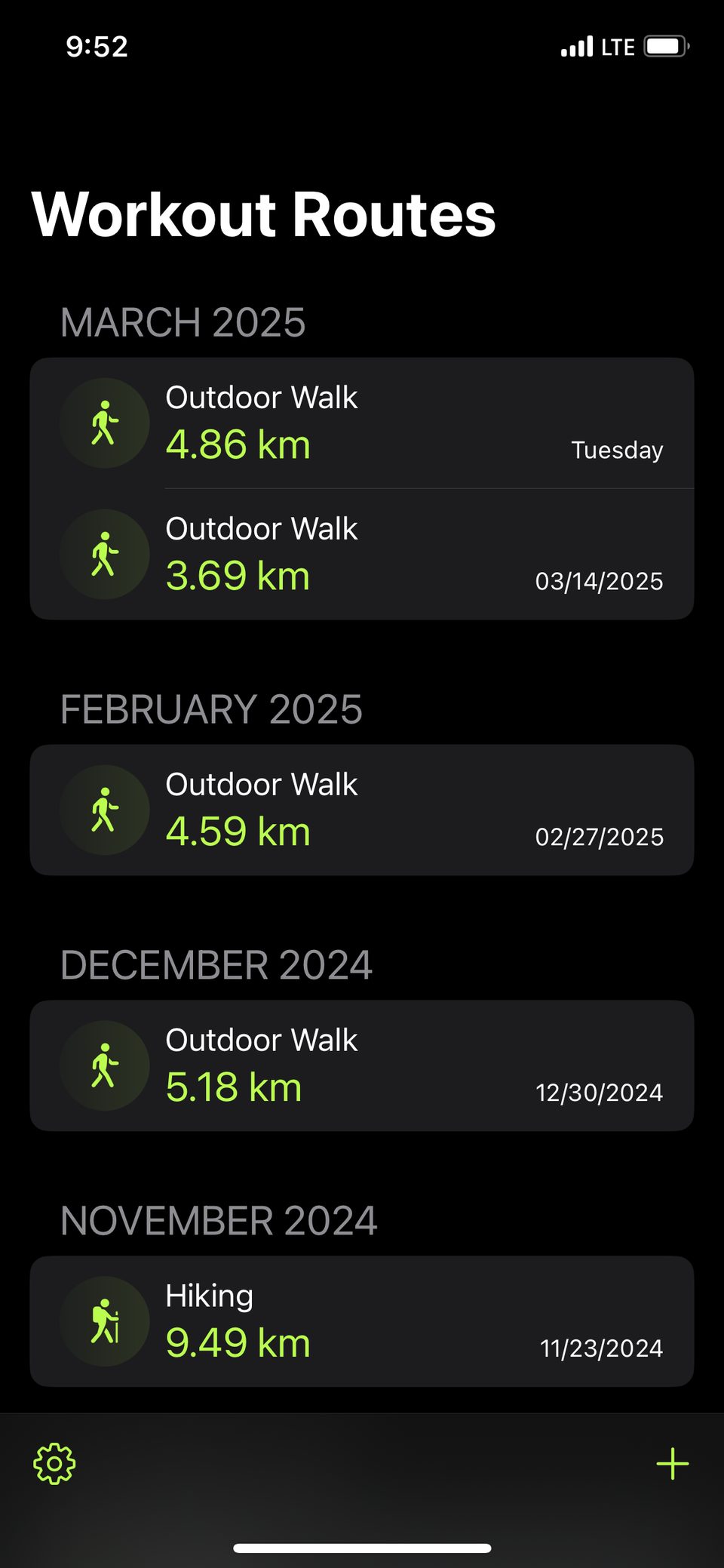 List of saved workout routes