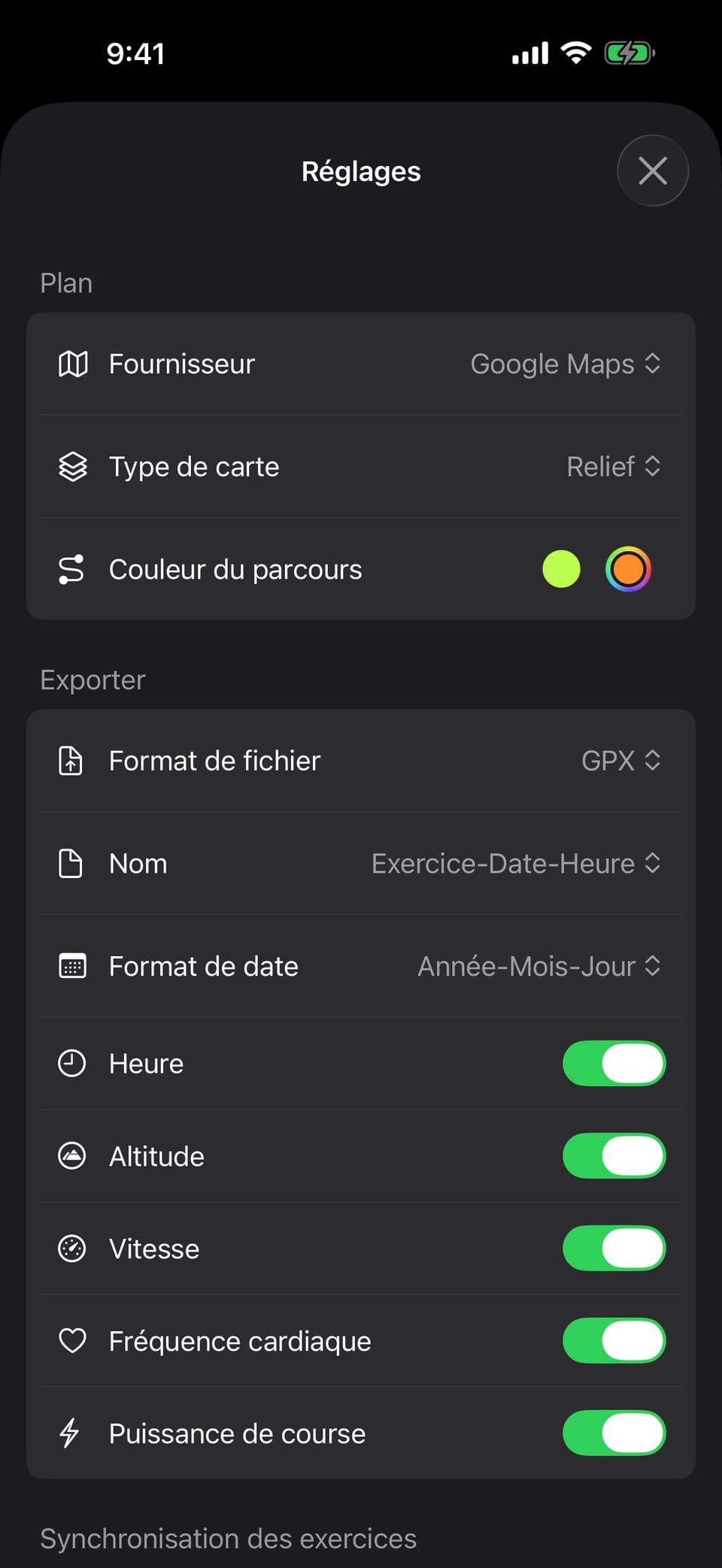 Réglages du format de fichier et des données à inclure lors de l'export